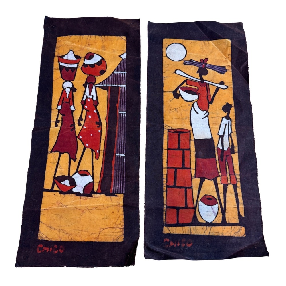 2 Chico Signed‎ Handmade African Batik Fabric Art Panels Village Scene 9x22